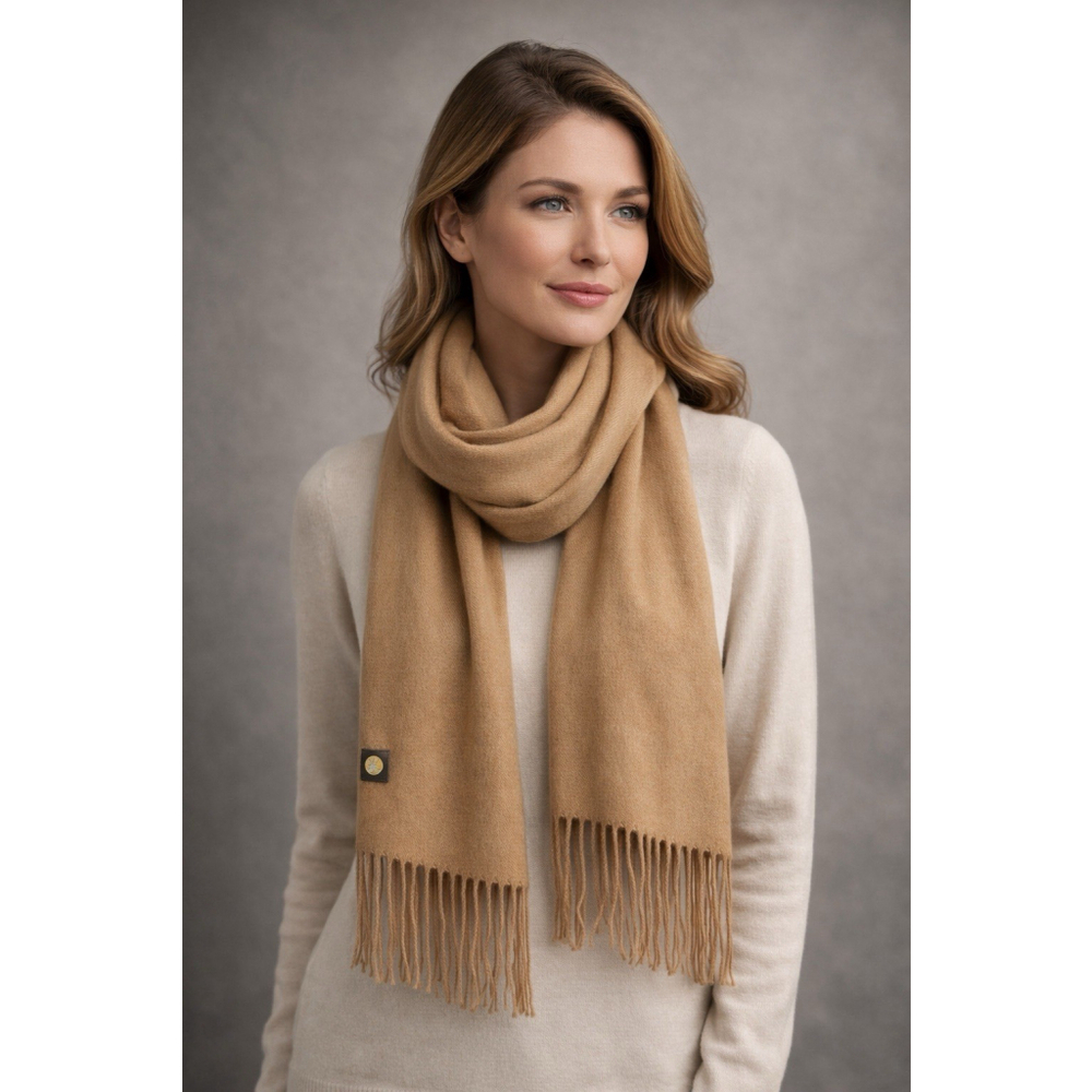 Baby Alpaca Scarf Solid Camel Beige Soft Warm Fringe Peru - Picture 14 of 15